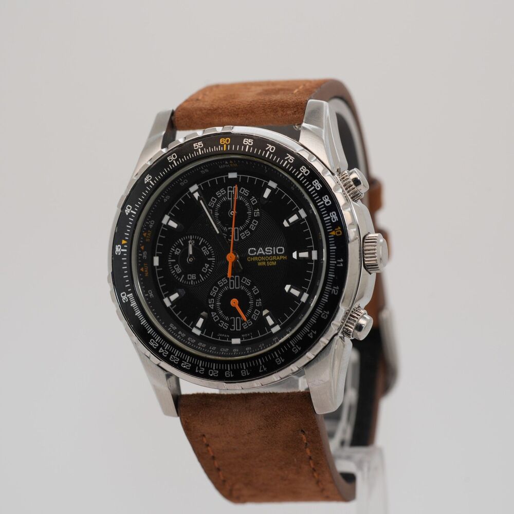 Vintage Casio MTP-4500 Pilot Slide Rule Chronograph Watch 4755 New Suede Strap